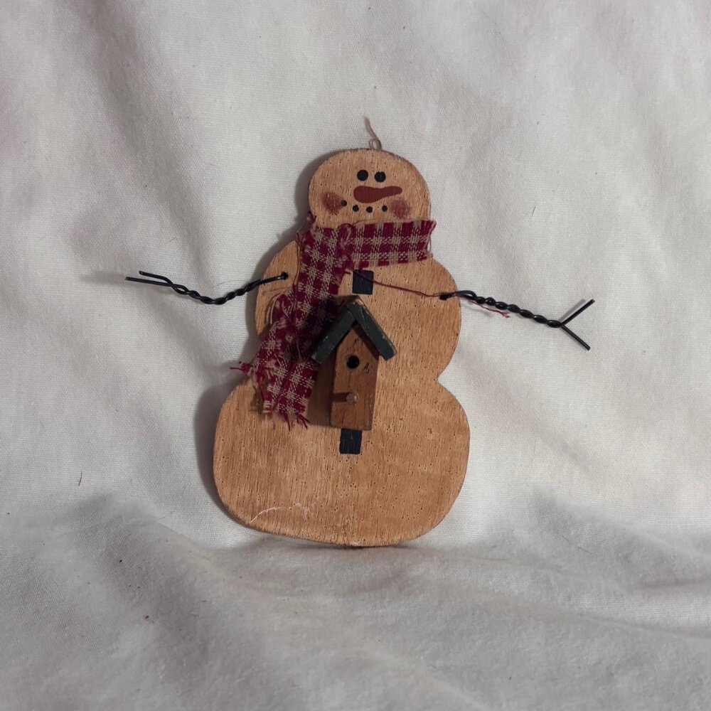 Rustic Primitive Vintage Snowman Ornament with Birdhouse